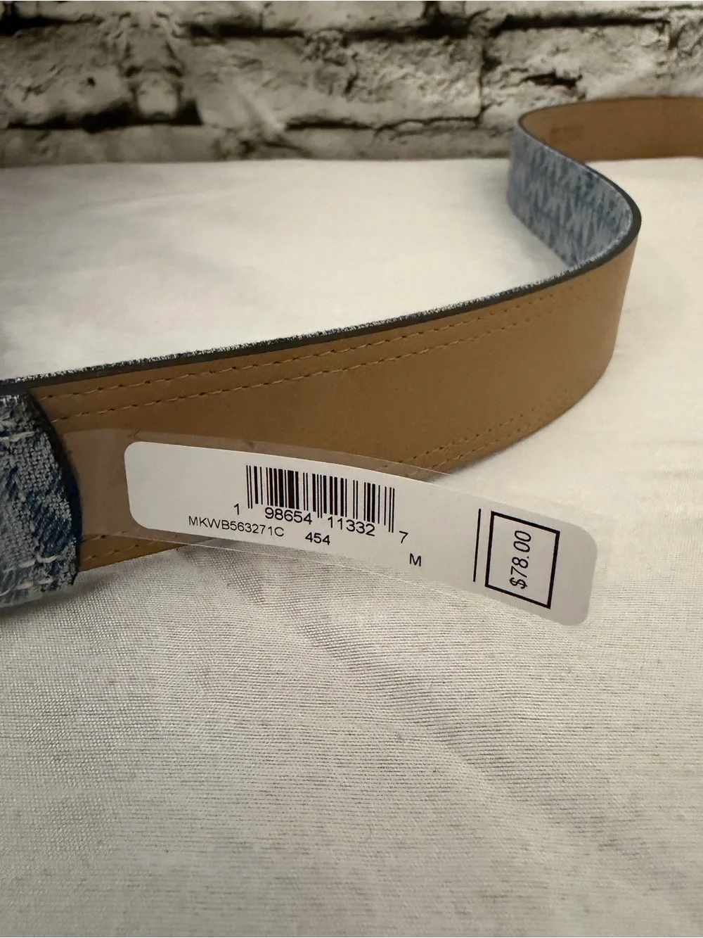 Michael Kors Men's Denim Blue MK Logo Belt with Gold Hardware M 40”